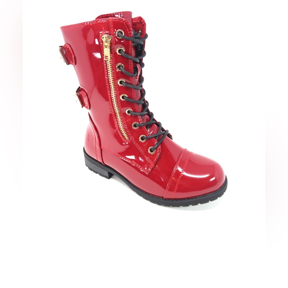 Women's Patent Color Buckle Strap Style Combat Boots Red size 8 True to size